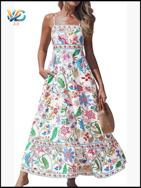Dresses & Skirts - Women's Spaghetti Strap Maxi Dress Boho A-Line Flowy Sleeveless Sun Dress